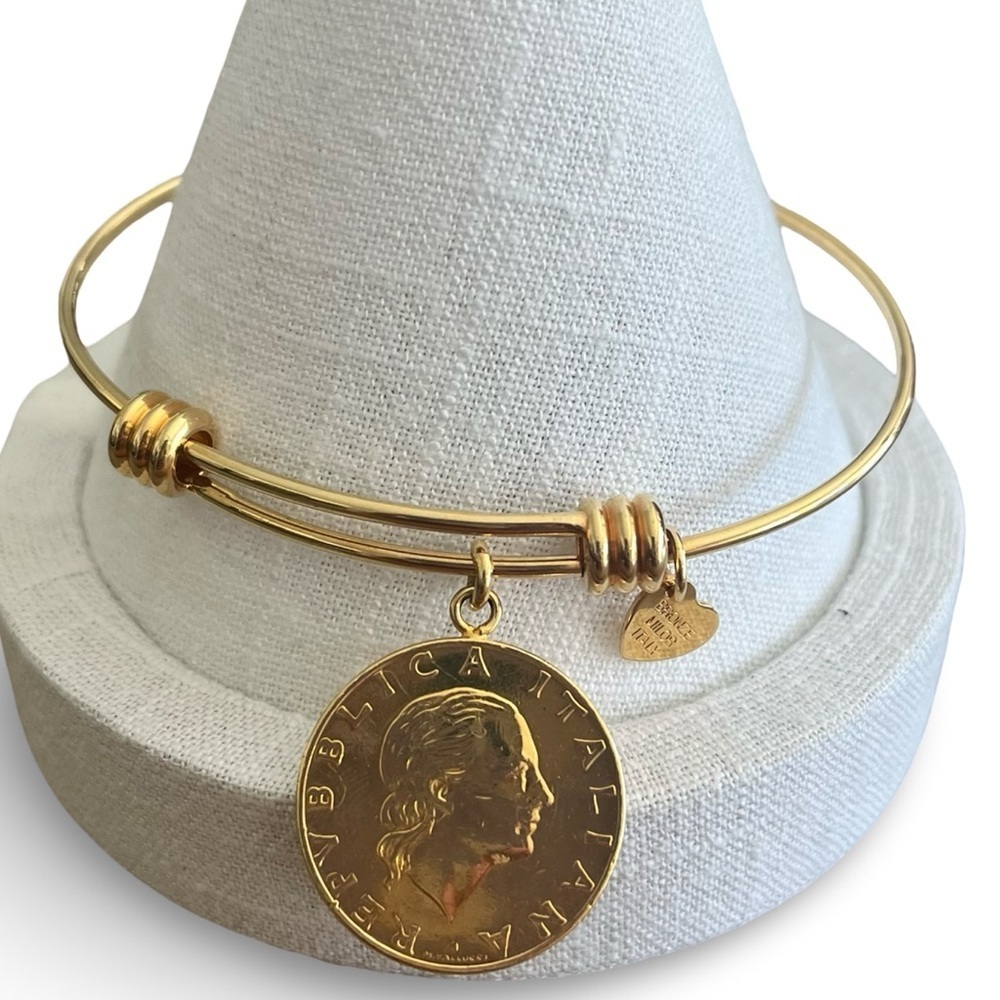 Milor Gold Tone Coin & Heart Charm Bangle Bracelet